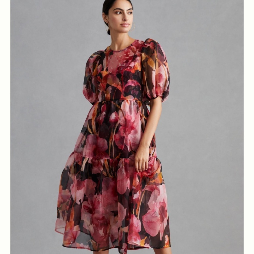 Anthropologie puff sleeve organza dress xs “ needs a slip”
